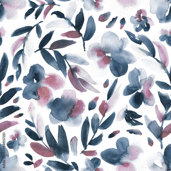 Fototapeta Abstract floral in amaranth pink and indigo. Seamless watercolor floral pattern. 