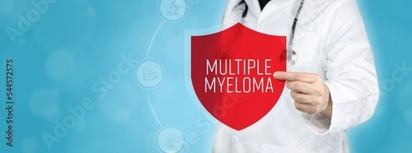 Fototapeta Multiple myeloma. Doctor holding red shield protection symbol surrounded by icons in a circle. Medical word