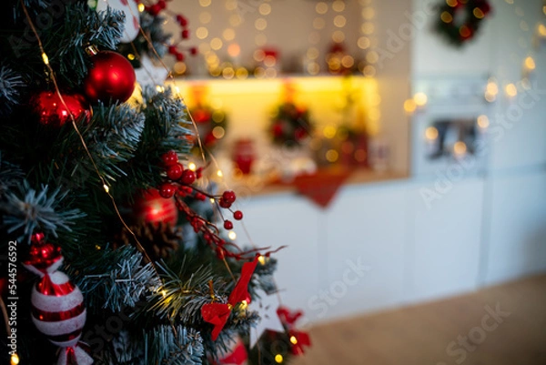 Obraz Christmas Tree with Decoration On A Winter Background With Bright Lights