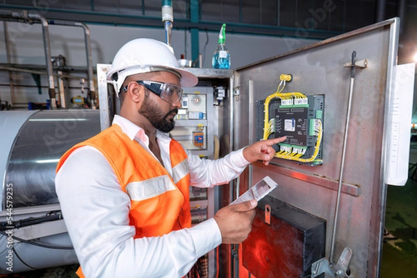 Fototapeta Electrical engineer inspection control panel and commissioning during pressure steam drum shutdown