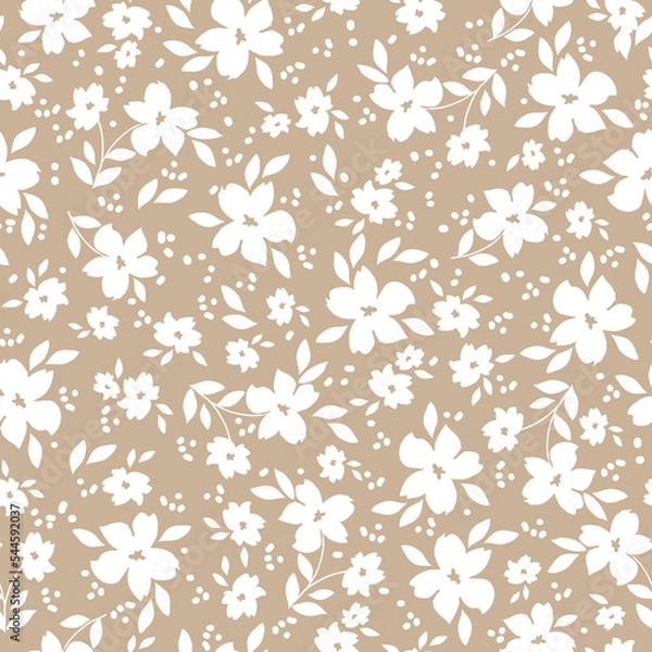 Fototapeta Cute floral pattern. Seamless vector texture. An elegant template for fashionable prints. Print with white flowers and  leaves. beige background.