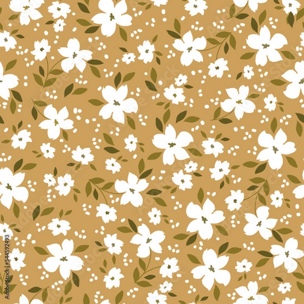 Fototapeta Cute floral pattern. Seamless vector texture. An elegant template for fashionable prints. Print with white flowers,gold  leaves . mustard background.