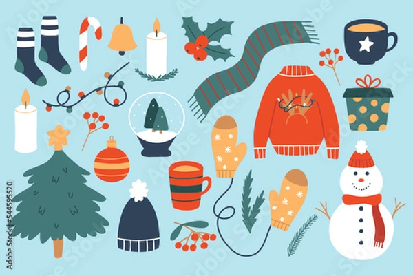 Obraz Set of winter elements. Collection of Christmas objects. Vector illustration. Flat style.Sweater,socks,holly,Christmas toy.