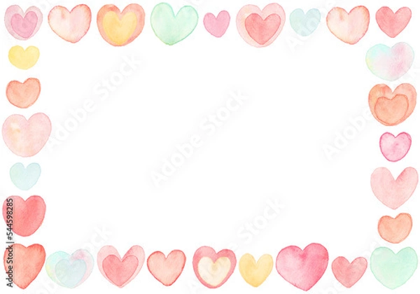 Fototapeta 水彩の優しいハートフレーム　カラフル