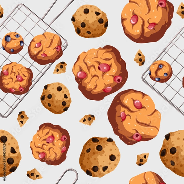 Fototapeta Seamless pattern with pastry,baking products. Vector illustration of chocolate cookies,muffins utensils. View from above. Bakeries,cafe,shop,print,textile,menu concept.