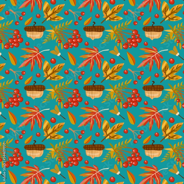 Obraz Autumn pattern with rowanberry, leaves, acorns. Vector illustration. Background for fabric, wallpaper, design. Children's illustration.