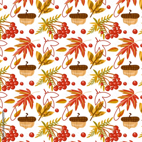 Obraz Autumn pattern with rowanberry, leaves, acorns. Vector illustration. Background for fabric, wallpaper, design. Children's illustration.