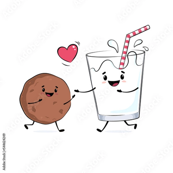 Fototapeta Happy cartoon cookie and a glass of milk running to hug each other, cute character drawing, love illustration