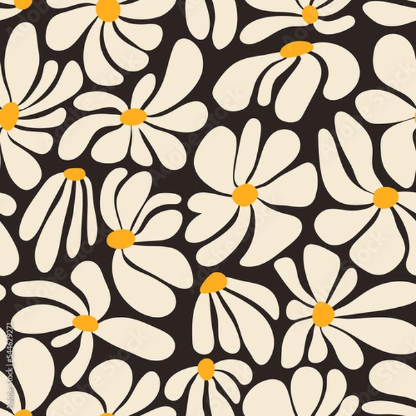 Obraz Retro groovy flower power background. Vintage 1970s floral seamless pattern. Hippie fun wallpaper. 1960s vector print for fabric, wrapping paper, stationery