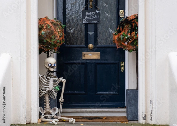Fototapeta Halloween decorations of traditional english house. Skeleton and spider web on the doorstep.