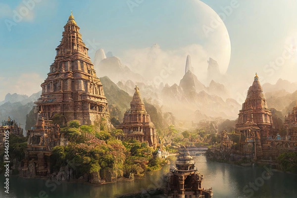 Fototapeta AI generated image of a beautiful Hindu temple complex with a stream and colorful flowers