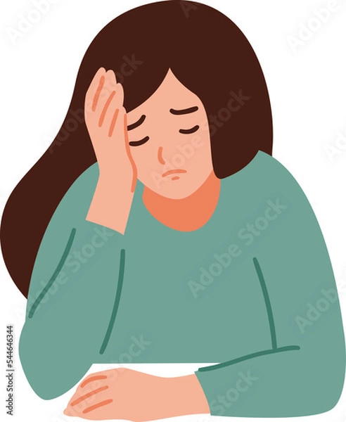 Fototapeta A woman is having a headache. Girl feels anxiety and depression. Psychological health concept. Nervous, apathy, sadness, sorrow, unhappy, desperate, migraine. Flat vector illustration.