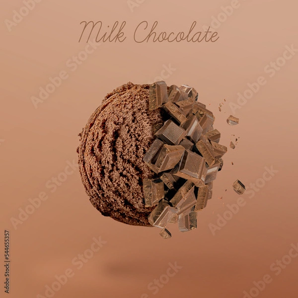 Obraz Milk Chocolate ice cream. Chocolate ice cream ball with chocolate chip explosion on gradient background. Delicious chocolate. 3d illustration. 