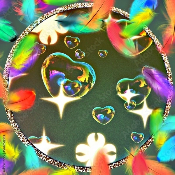 Fototapeta Illustration of decorative Colourful rainbow abstract background with heart shapes and feathers