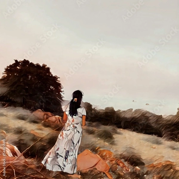 Fototapeta Graphic image of backside of a girl looking into nature