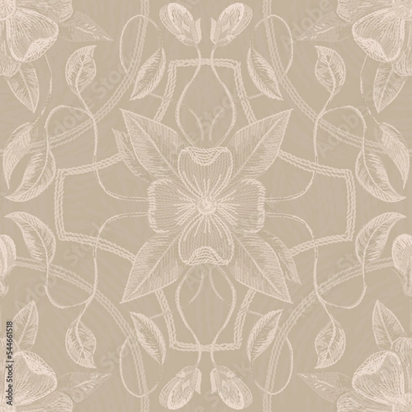 Fototapeta Embroidered flowers and leaves ornament on a light background.