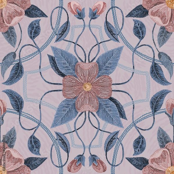 Obraz Embroidered flowers and leaves ornament on a light background.