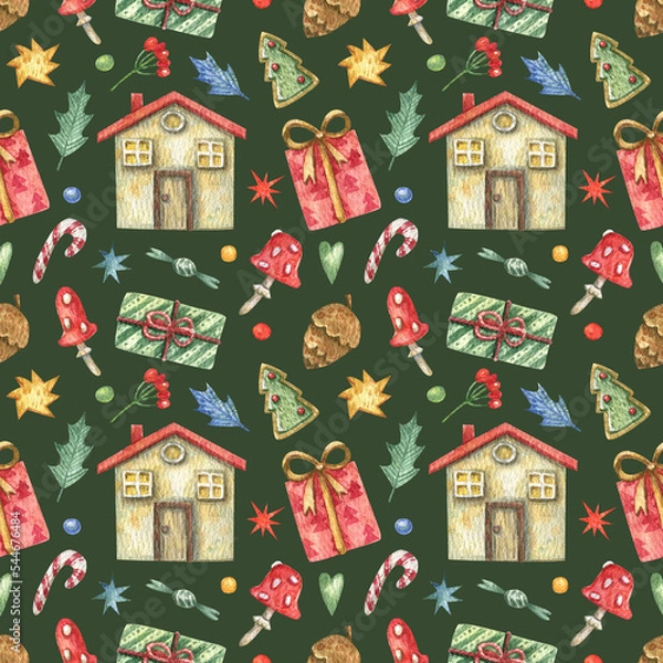 Obraz Christmas seamless pattern with New Year's decor, gifts, gingerbread, caramel, fly agaric, stars, cones. watercolor background