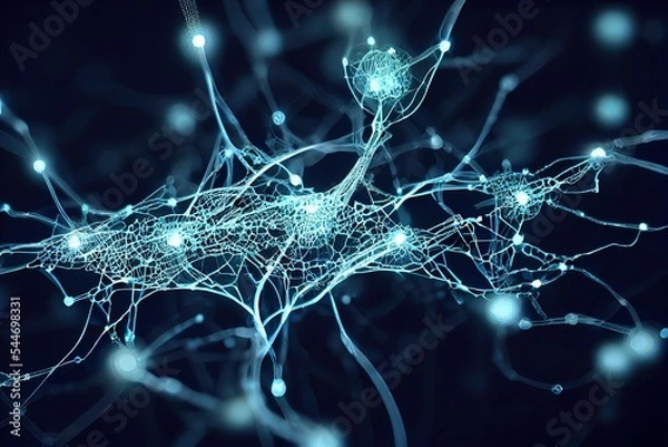 Obraz Illustration of white neural network with shining impulses on dark blue space.