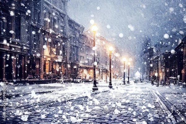 Obraz Winter street with lit lamps and with snow on the ground at dusk while snowing.