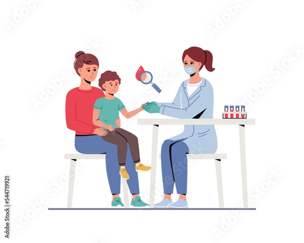 Fototapeta Doctor woman collecting and drawing capillar blood from finger for lab test. Little boy sitting on her mother lap. Nurse doing sampling from kid for medical health analysis. Flat vector illustration