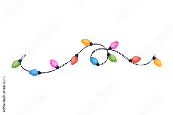 Fototapeta Festive multicolored garland on cable in flat style. Decoration, holiday concept. Graphic element.