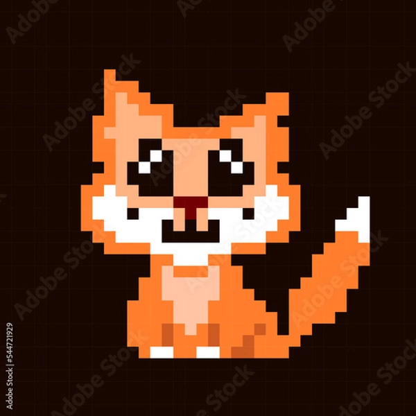 Fototapeta Pixel ginger cat kitten fox character for 2d video game, sprite. Cute big black pixel eyes. Black background. kawai. bright funny kind smile