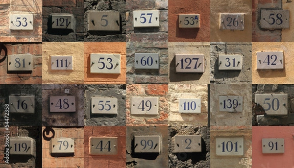 Fototapeta Collage of weathered house numbers in Siena, Italy