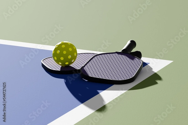 Obraz Pickleball paddles and ball on court, illuminated sunshine. 3d illustration, render.