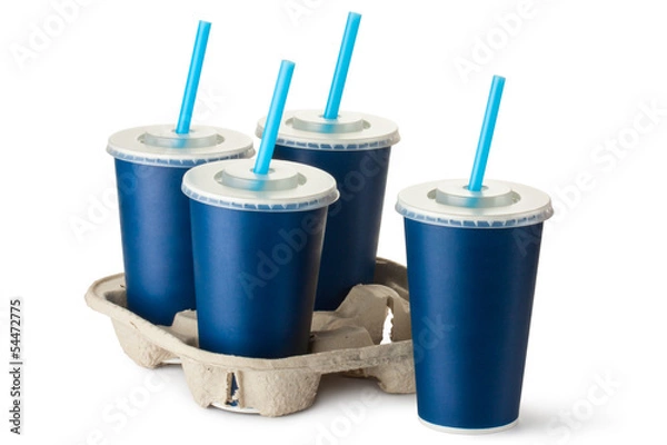 Fototapeta Four dark blue takeout cups with a cup holder