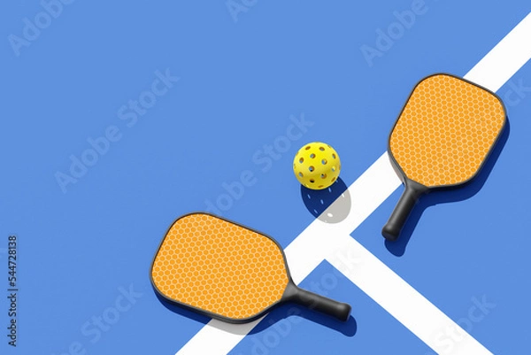 Obraz Pickleball paddles and whiffleball on court, illuminated sunshine. Top view, place for text. 3d illustration, render.