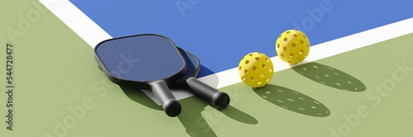 Obraz Pickleball paddles with balls on court, illuminated sunshine. 3d illustration, render. Banner