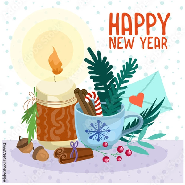 Obraz vector christmas picture. Composition with a candle and a cup, cinnamon, berries, winter cozy home. Happy new year design for congratulations, postcards, posters