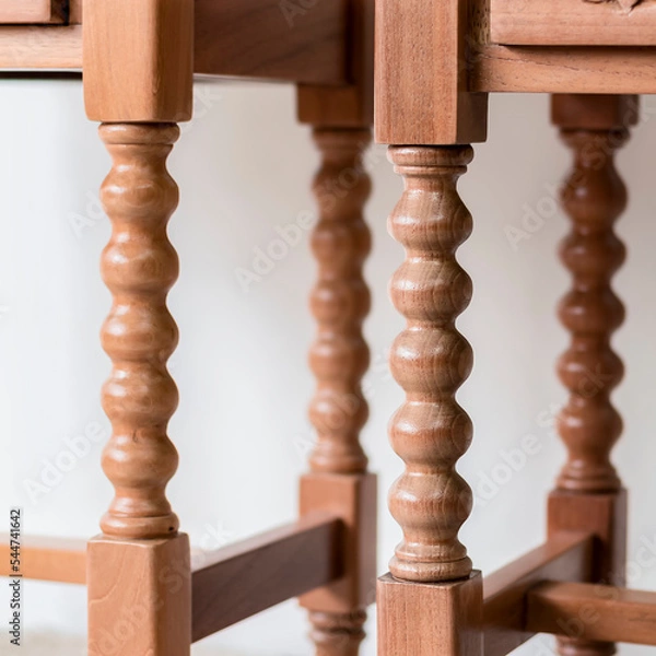 Obraz Close-up detail of a pair of legs of an old and antique wooden furniture with selective focus and selective lighting on them.
