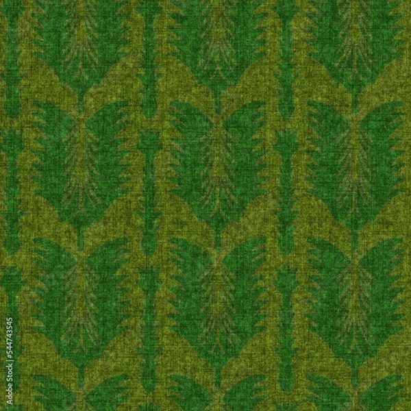 Fototapeta Green retro 1960s linen seamless pattern. Forest style vintage for decorative backdrop. Mid century moss old-fashioned geometric design. 