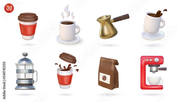 Fototapeta Set 3d vector coffee icons. Isolated realistic illustration of cup of espresso or tea, coffeepot, french press, hot beverage with vapor, package, coffee maker.