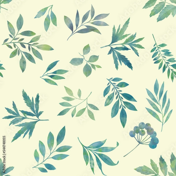 Fototapeta Branches and leaves painted in watercolor, collected in a seamless pattern.