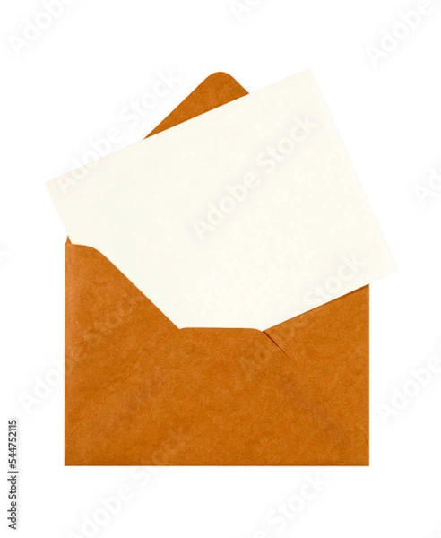 Obraz Brown envelope with blank invitation or greeting card flat isolated transparent background photo PNG file