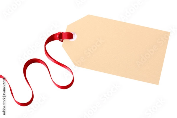 Obraz Plain gift tag with red ribbon front flat isolated transparent background photo PNG file