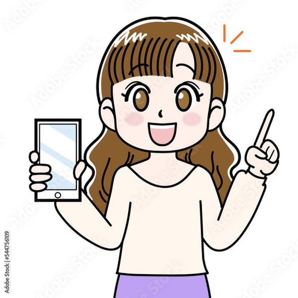 Fototapeta かわいい女性がスマホで説明してるイラスト