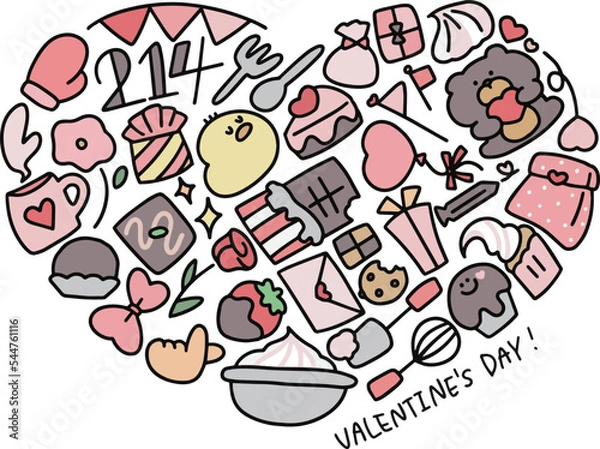 Obraz ゆるかわいいバレンタインの手描きイラストハート型セット