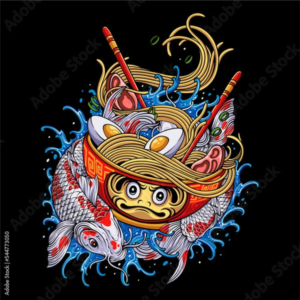 Fototapeta Colorful Japanese ramen with daruma bowl with circular koi fish on water background for t shirt design