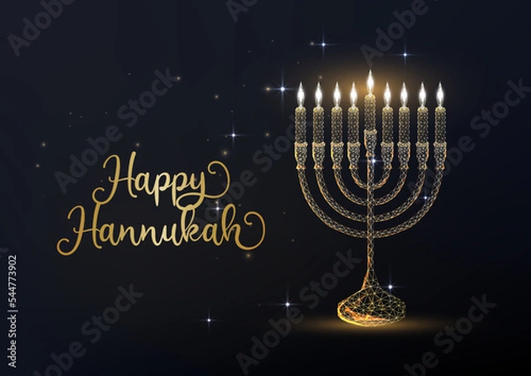 Obraz Happy Hannukah greeting cart with gold futuristic menorah and burning candles on black background