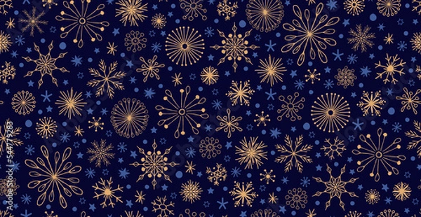 Fototapeta seamless pattern vector christmas stars, fireworks gold and dark blue like night sky for elegant and luxury gift wrap paper, packaging design, print, greetings cards and textile design