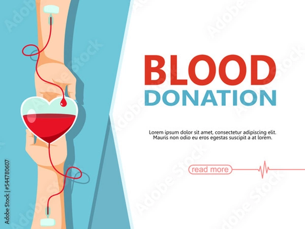Fototapeta Blood donation day. Give life to be a hero. The donor arm is delivering blood to the recipient of the heart bag, sustaining life for the patient. Vector illustration flat design for poster and banner.