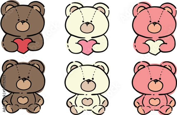 Obraz ハートを抱くテディベアの手書きイラストセット　ベクター素材