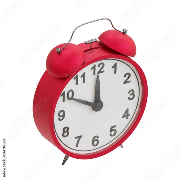 Obraz Red alarm clock isolated on transparent background. 10 minutes to 12. 3d illustration. Isometric view	