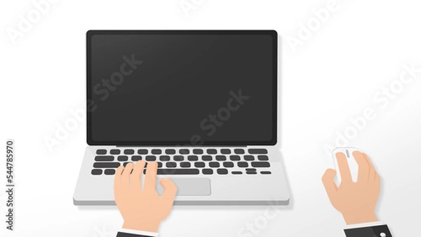Fototapeta Graphic Businessman working on laptop keyboard pushing keys click mouse on desk. black background on the screen. Office desk concept. Flat style