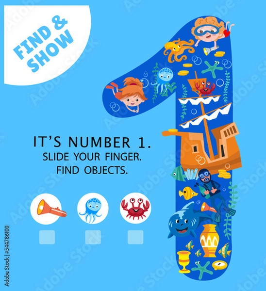 Fototapeta Learn the numbers from 1 to 9. Puzzle game for children. Find the objects. Activity, vector illustration. Cute characters in cartoon style. Vector illustration. 