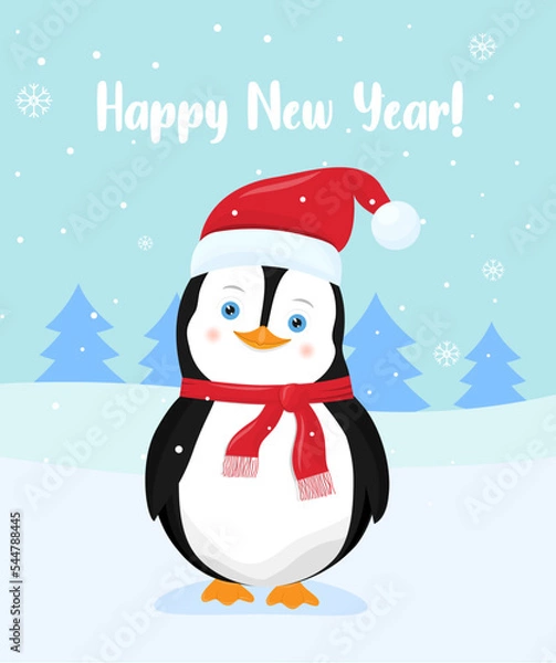 Fototapeta New Year's card with a penguin in a red hat with a bell and a red scarf on the snow.